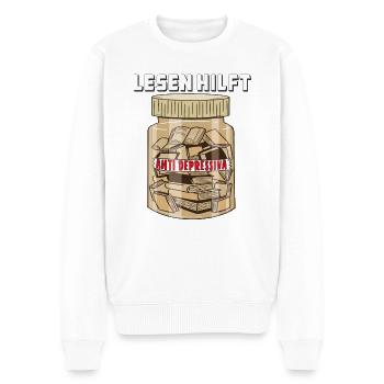 BUCH LESEN HILFT - Männer Premium Bio Pullover - Weiß - Vorne - Thijin (182cm)