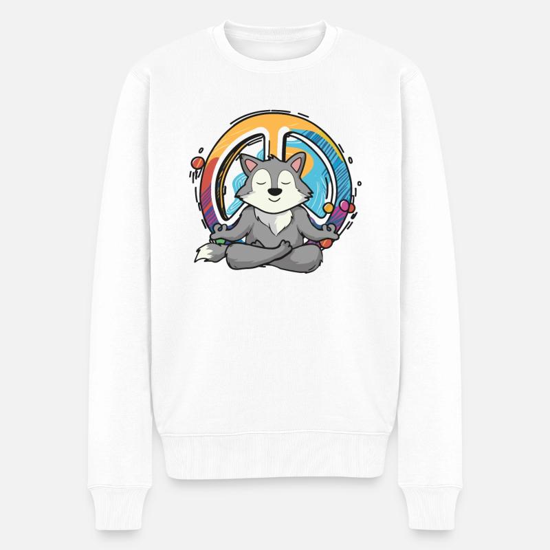 Hippie Wolf Friedenszeichen Yoga Cool Wolf Lustiger Hippie - Männer Premium Bio Pullover - Weiß