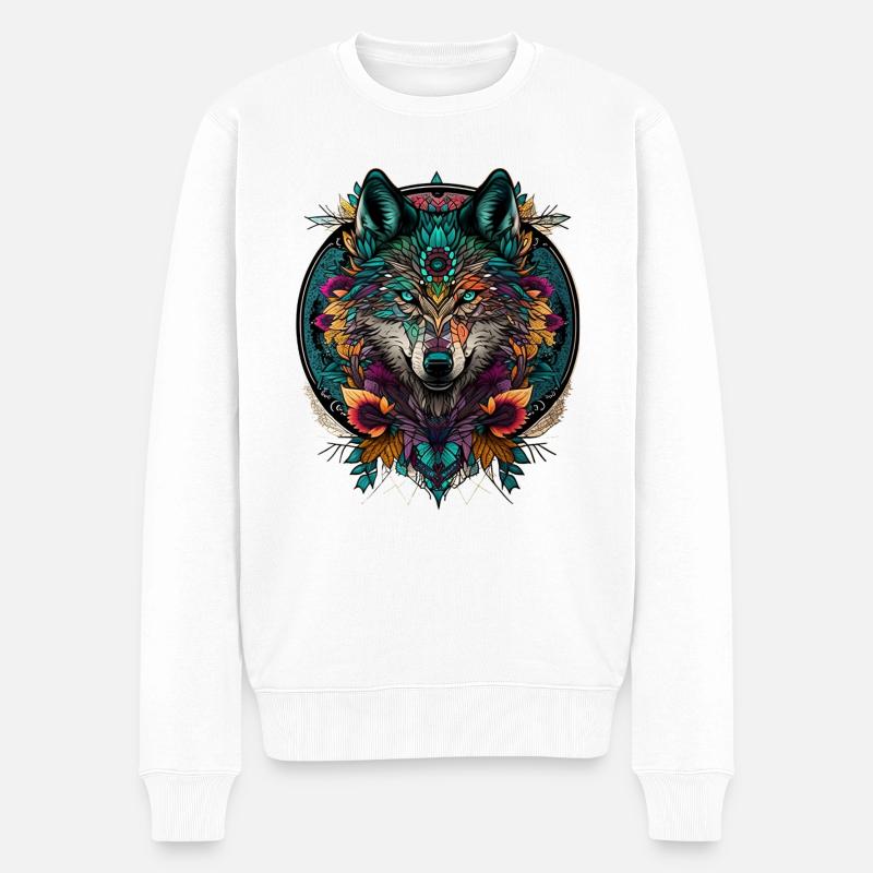 Wolf Mandala nature 22 - Männer Premium Bio Pullover - Weiß