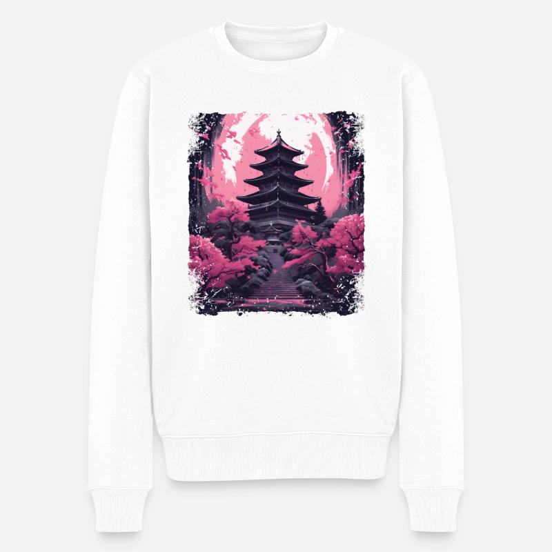 Kirschblüten-Sakura-Baum in einer Tempel-Dampfwelle - Männer Premium Bio Pullover - Weiß