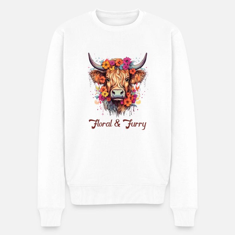 Floral & Furry Highland Cow - Männer Premium Bio Pullover - Weiß