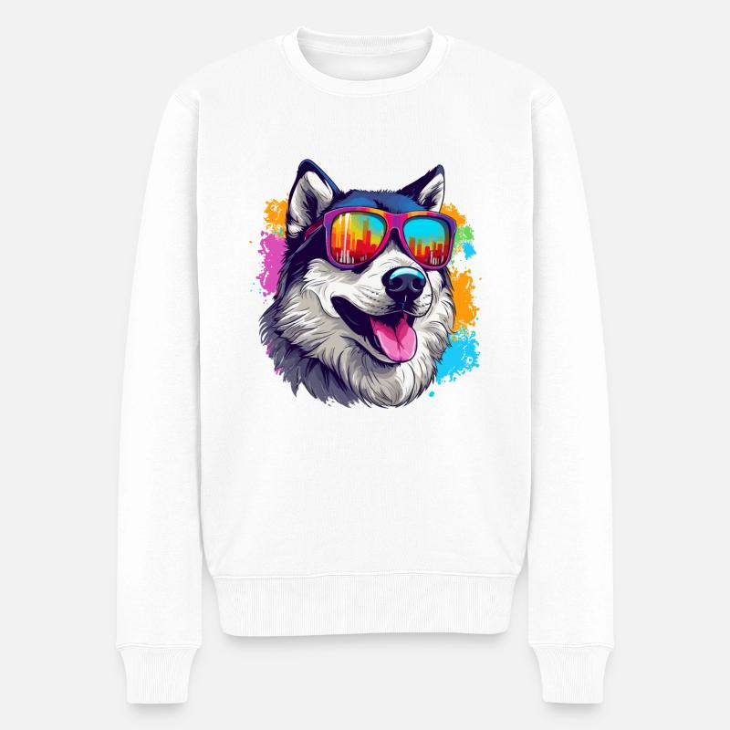 Bunte Alaskan Husky mit Sonnenbrille - Männer Premium Bio Pullover - Weiß