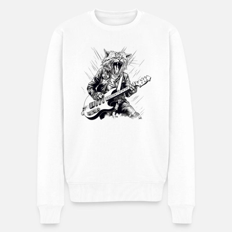 Katze mit Gitarre - Männer Premium Bio Pullover - Weiß