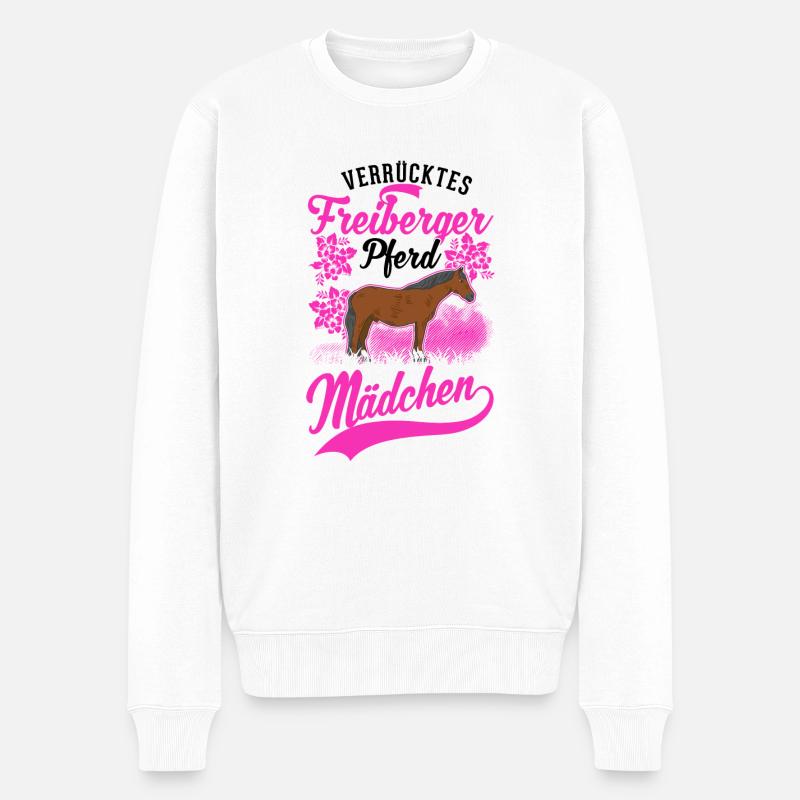 Verrücktes Freiberger Pferd Mädchen - Männer Premium Bio Pullover - Weiß