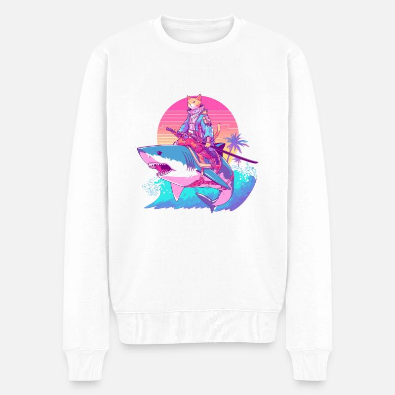 Samurai Katze auf einem Haifisch 80s - Männer Premium Bio Pullover - Weiß
