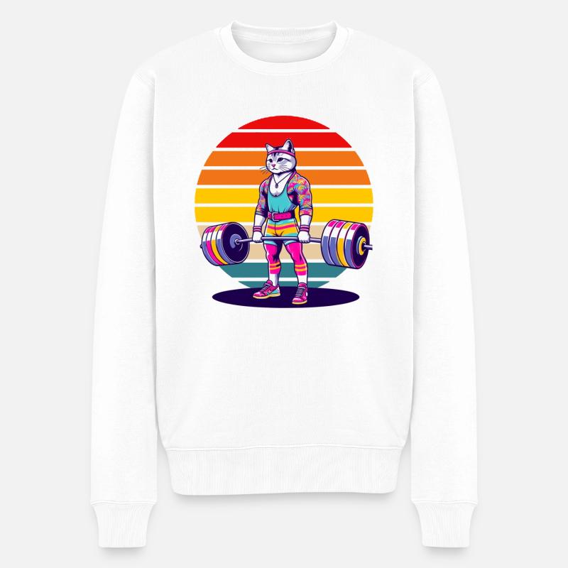 Rainbow Cat Deadlifting in the Gym - Männer Premium Bio Pullover - Weiß