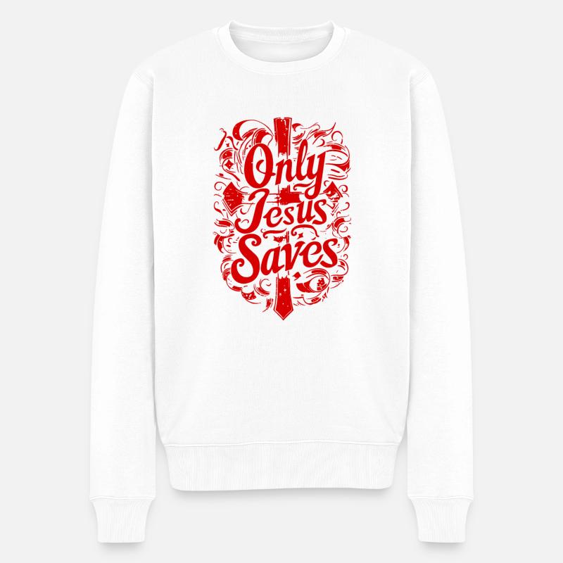 Nur Jesus Christus Rettet Bibelvers Spruch Glaube - Männer Premium Bio Pullover - Weiß