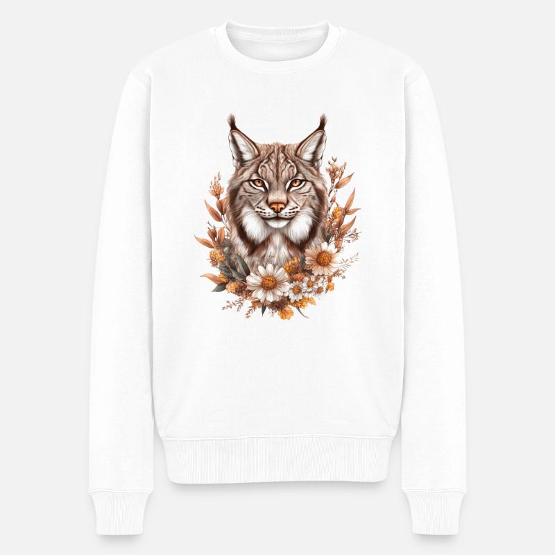 Luchs mit Blumen - Männer Premium Bio Pullover - Weiß