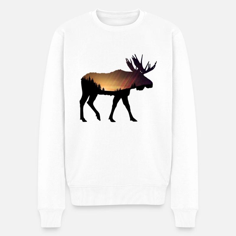 Elch mit Sonnenuntergang - Männer Premium Bio Pullover - Weiß