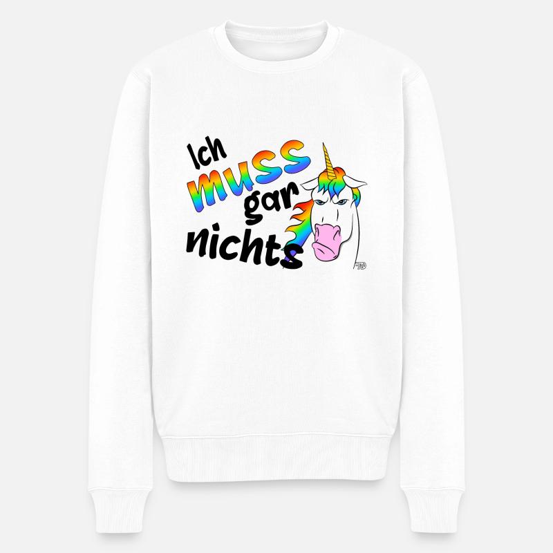 Ich muss gar nichts, lustiges mürrisches Einhorn - Männer Premium Bio Pullover - Weiß