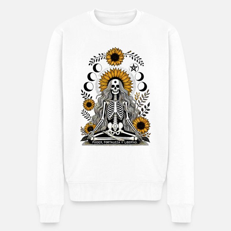Yogi Skeleton with Sunflowers Art Halloween Design - Männer Premium Bio Pullover - Weiß