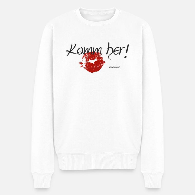 Witziger Spruch Komm her Knutschen Lippen - Männer Premium Bio Pullover - Weiß