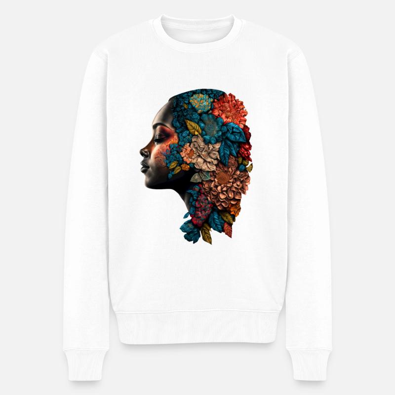 Frau mit Blumen Haaren Buntes Blumen Portrait - Männer Premium Bio Pullover - Weiß