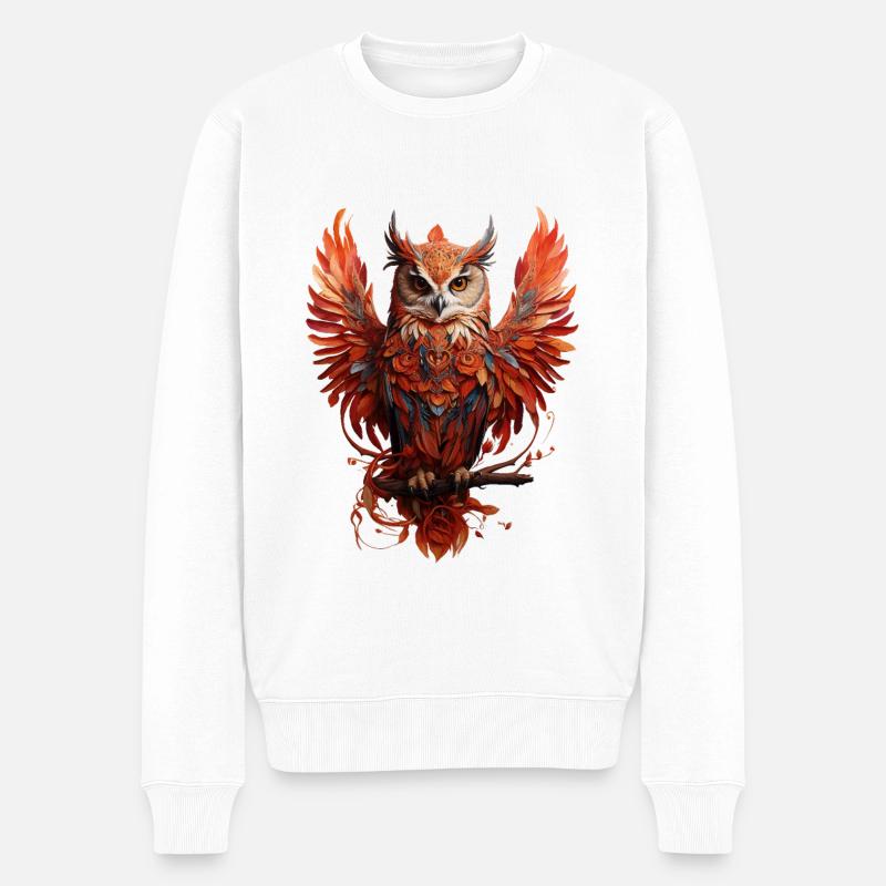 Mystische Rote Eule auf dem Ast - Männer Premium Bio Pullover - Weiß