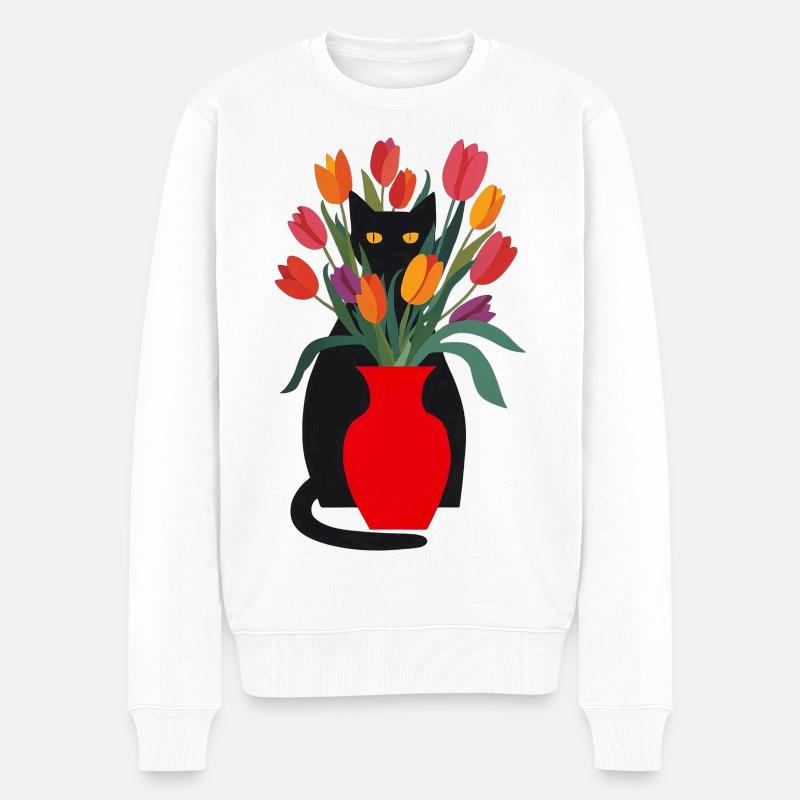 Chat noir et tulipes - Pull Premium bio Homme - blanc