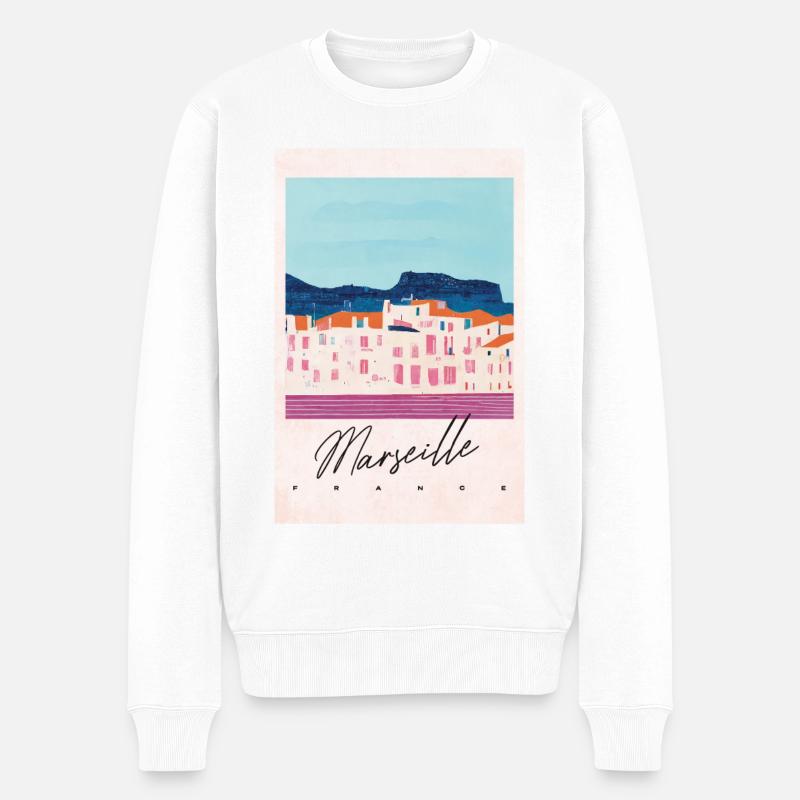 Marseille Abstrait Paysage Voyage Affiche Rétro - Pull Premium bio Homme - blanc