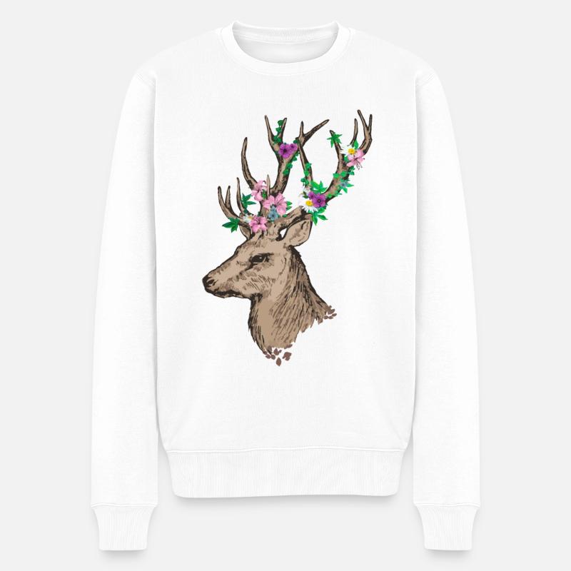 Hirsch mit Blumen - Männer Premium Bio Pullover - Weiß