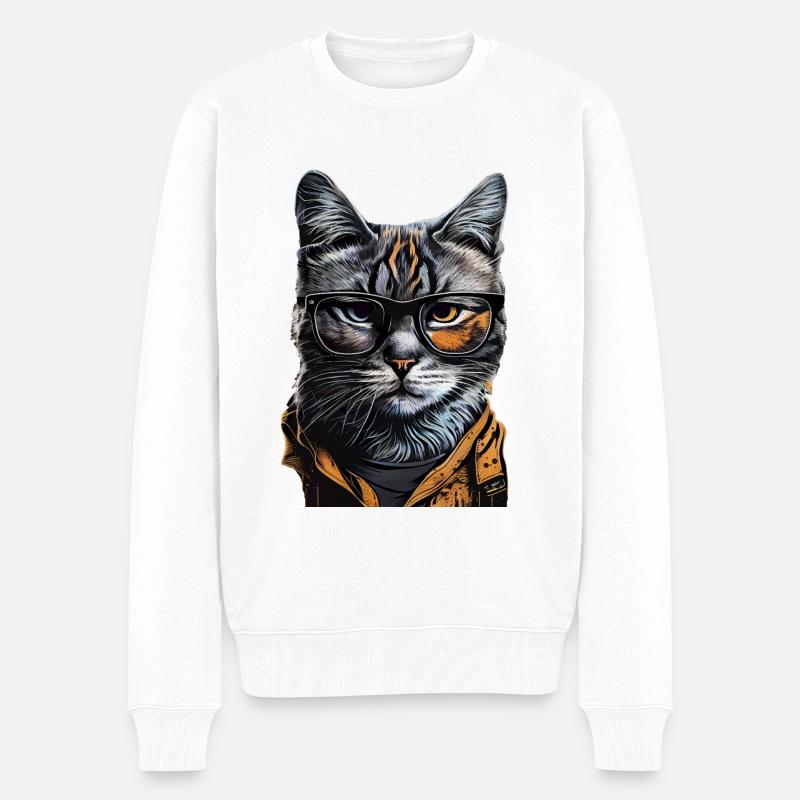 Hipster-Katze Otis - Männer Premium Bio Pullover - Weiß