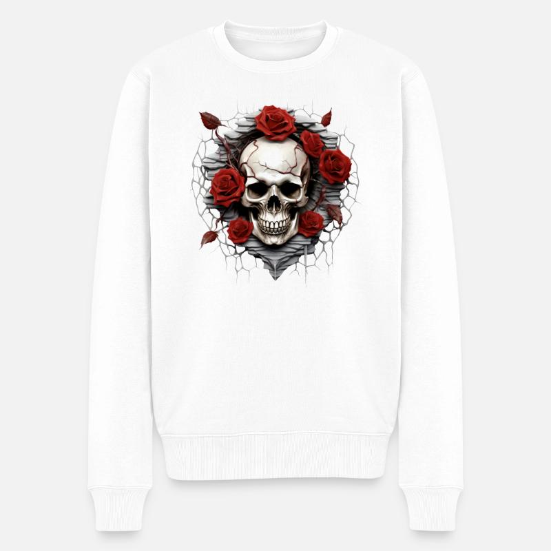 Crâne gothique et Roses Art mode graphique - Pull Premium bio Homme - blanc
