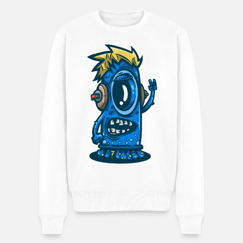 Blue Monster mit Kopfhörern - Männer Premium Bio Pullover - Weiß
