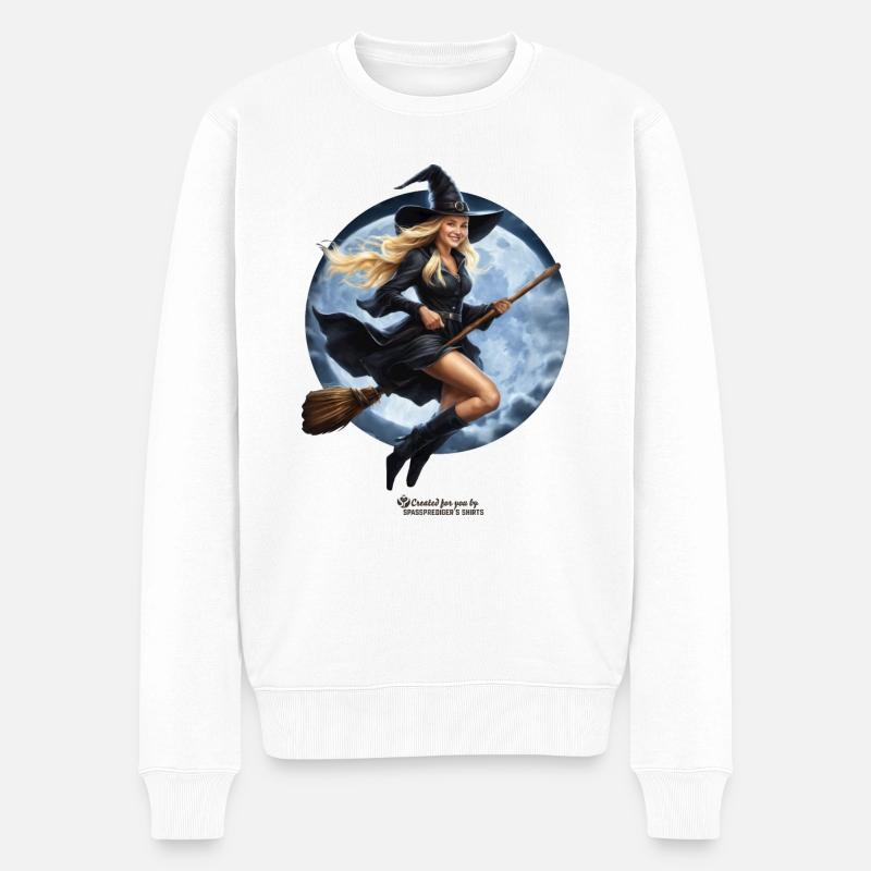 Hexe auf Besen - Männer Premium Bio Pullover - Weiß