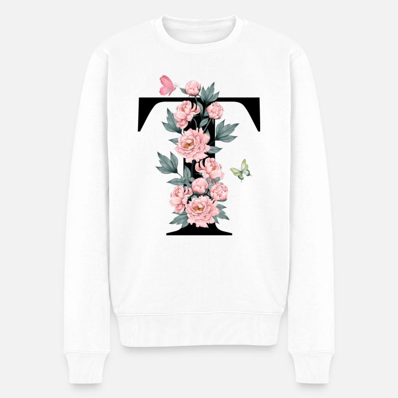 Buchstabe t Rosa Blumen - Männer Premium Bio Pullover - Weiß