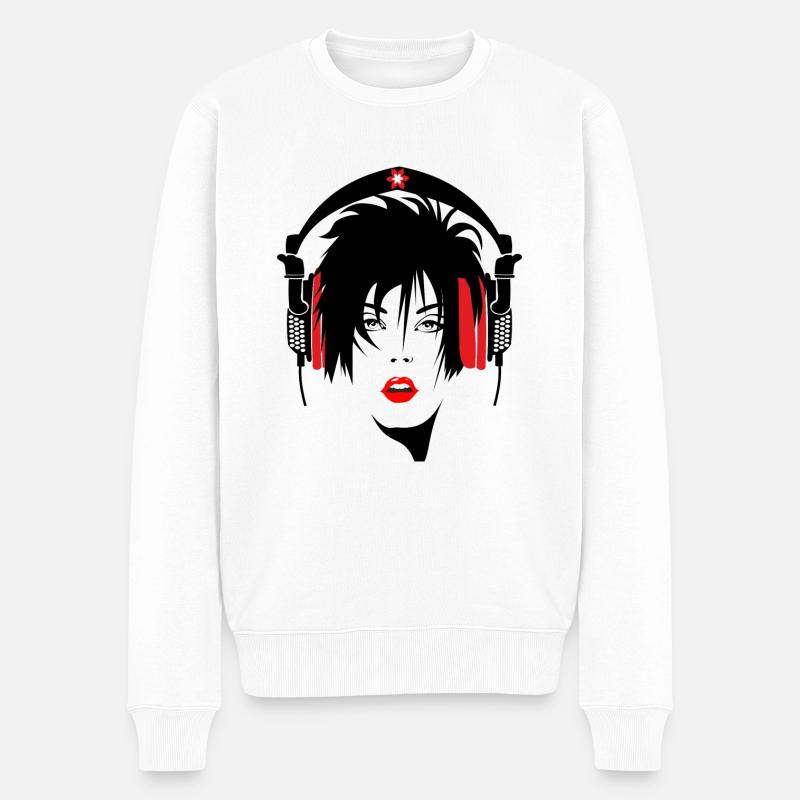 mujer_con_cascos - Männer Premium Bio Pullover - Weiß