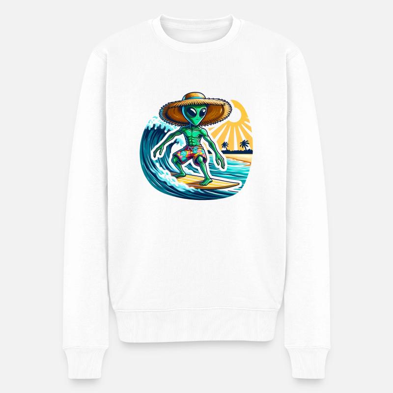 Lustiges kleines Alien auf Surfboard - Männer Premium Bio Pullover - Weiß