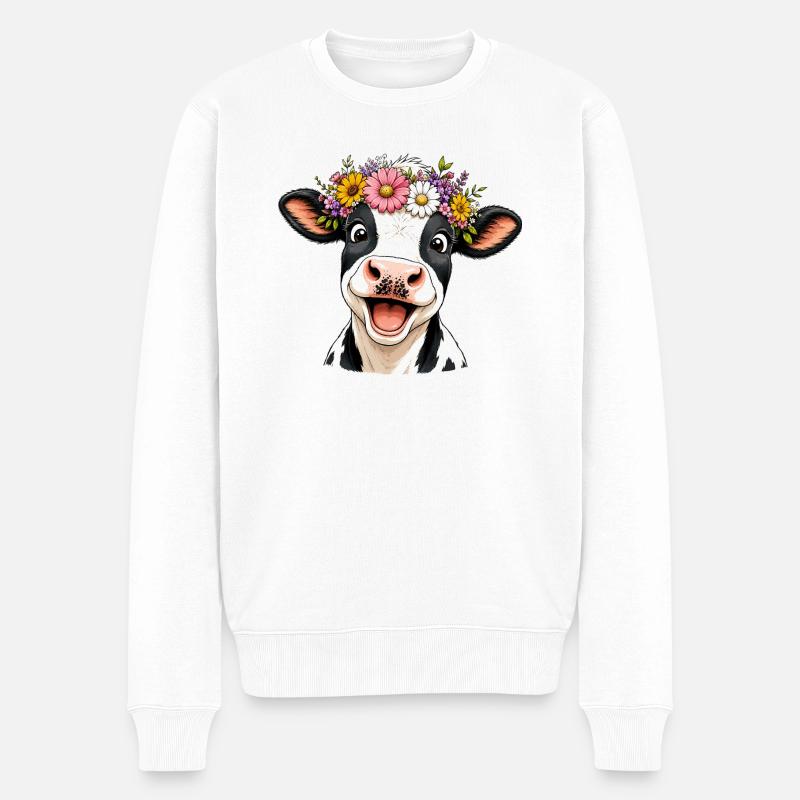 Vache avec une couronne de fleurs - Pull Premium bio Homme - blanc