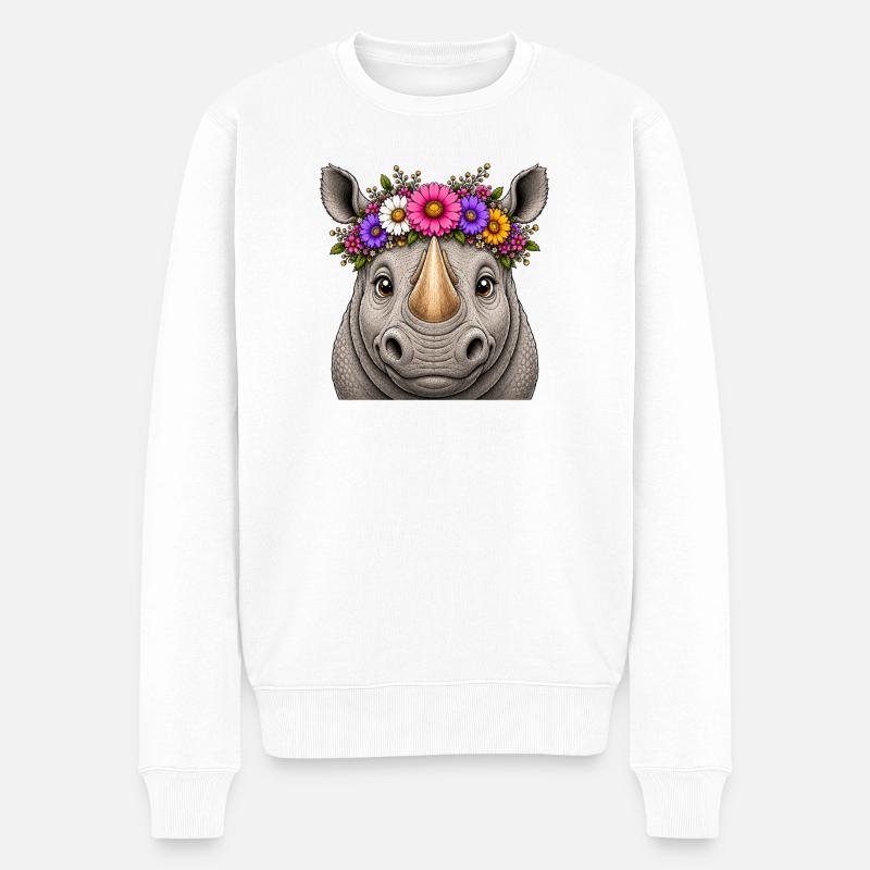 Nashorn mit Blumenschmuck - Männer Premium Bio Pullover - Weiß