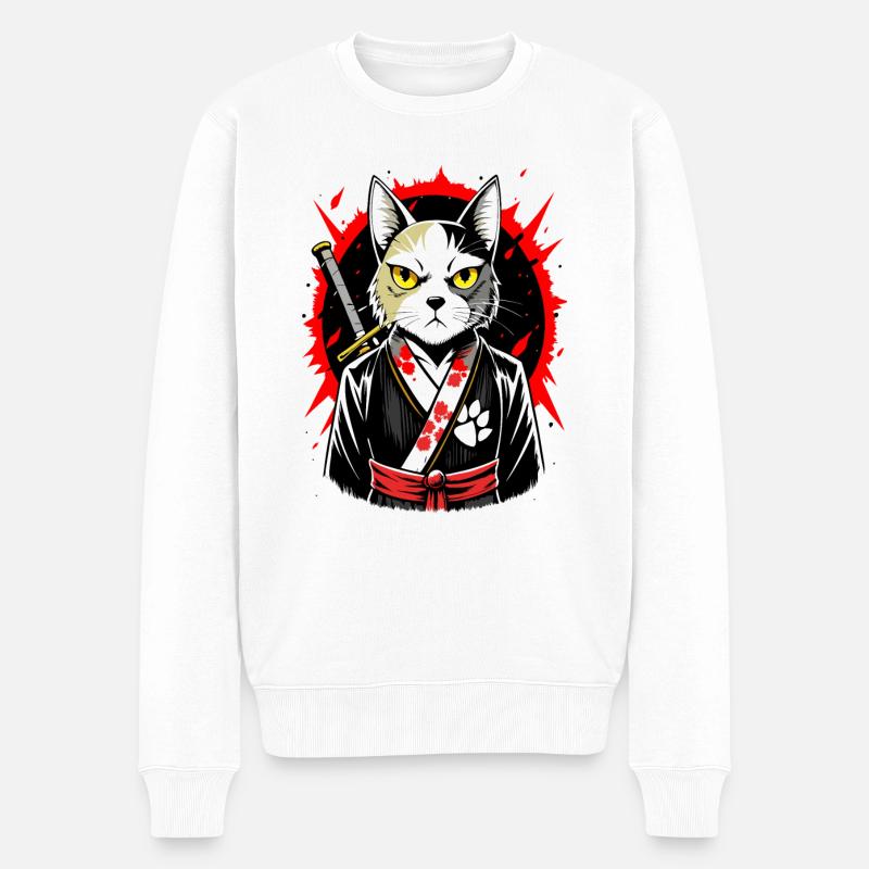 Samurai-Katze - Männer Premium Bio Pullover - Weiß