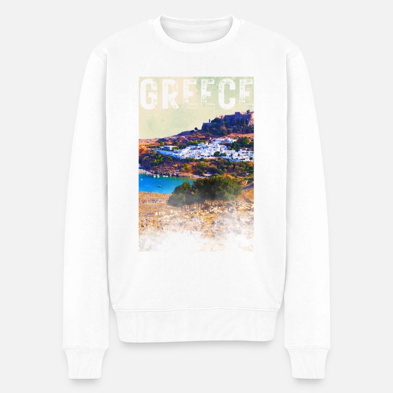 Greece Vintage Reiseposter mit der Stadt Lindos - Männer Premium Bio Pullover - Weiß