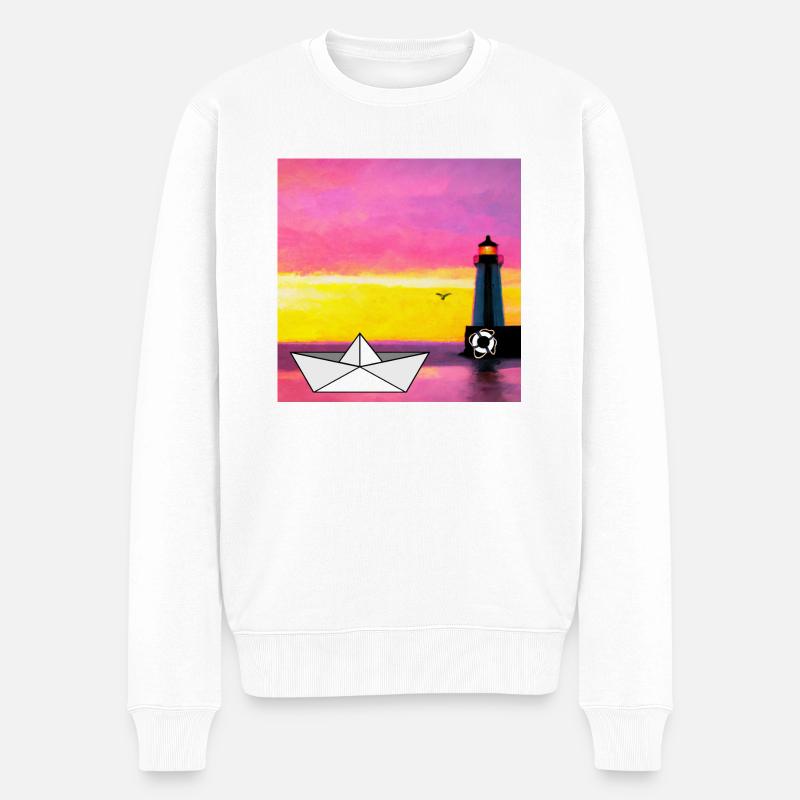 Leuchtturm und Papierboot im Meer - Männer Premium Bio Pullover - Weiß