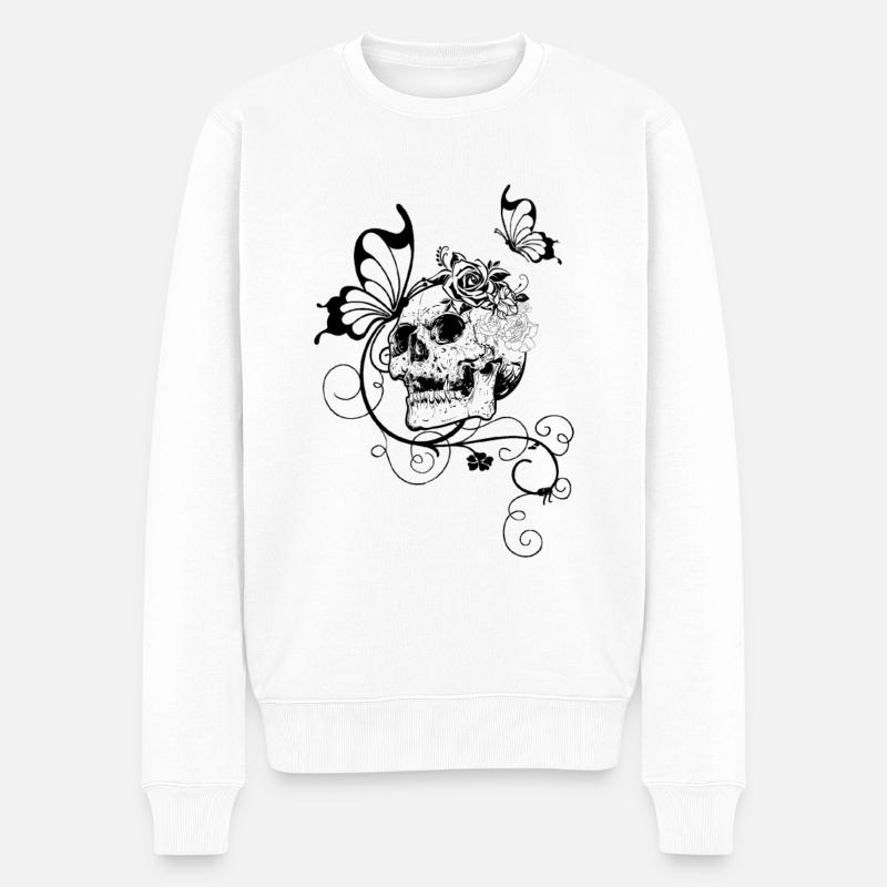 Crâne avec des roses et des papillons - Pull Premium bio Homme - blanc