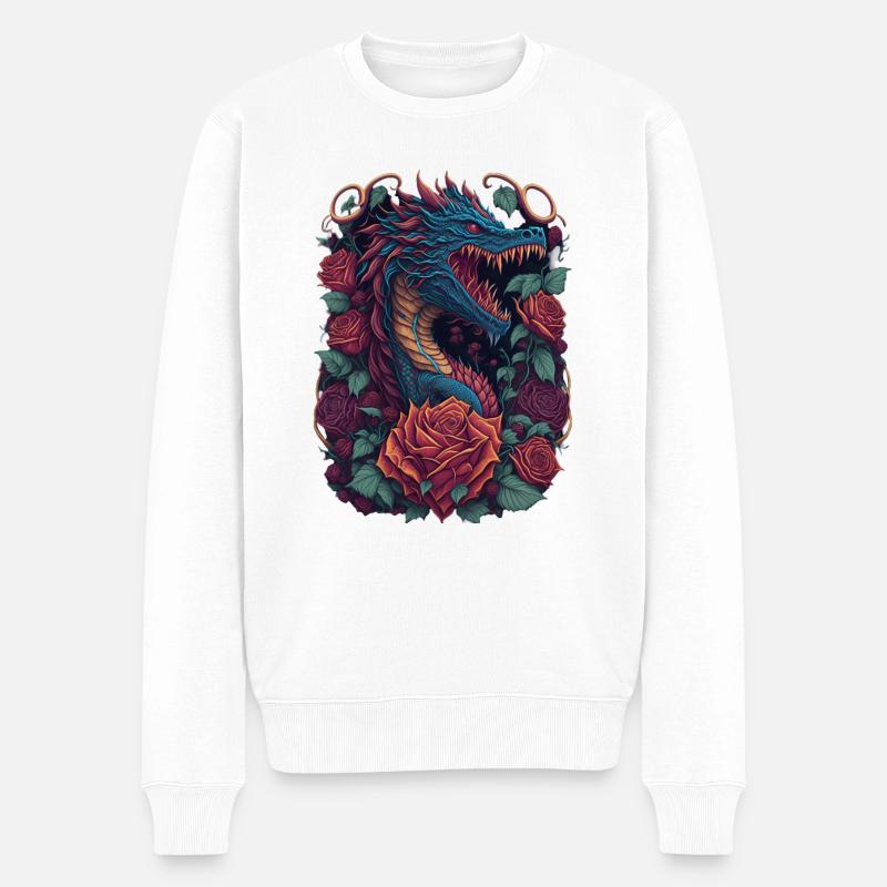 Dragon rouge avec dragon de roses rouges - Pull Premium bio Homme - blanc