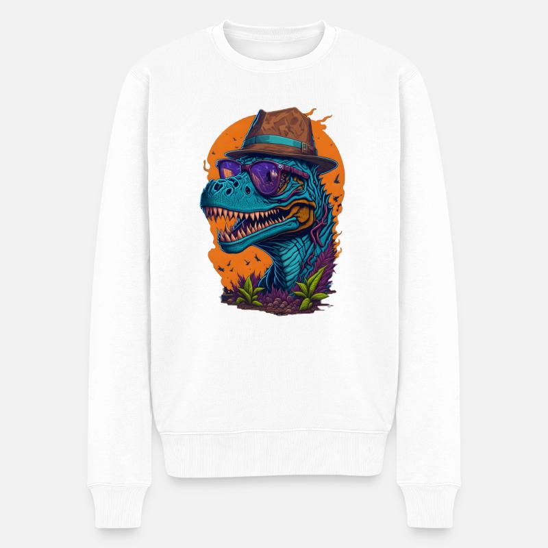 Dinosaurier mit Hut und Brille Lustig Modisch - Männer Premium Bio Pullover - Weiß