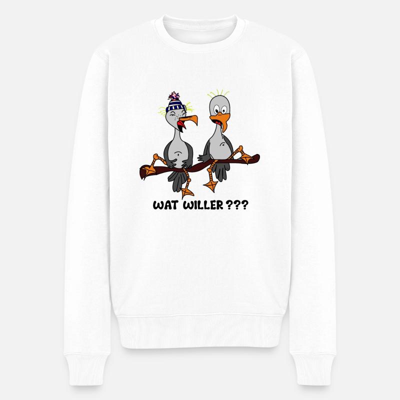 Zwei witzige Möwen mit Spruch : "Wat willer ?" - Männer Premium Bio Pullover - Weiß