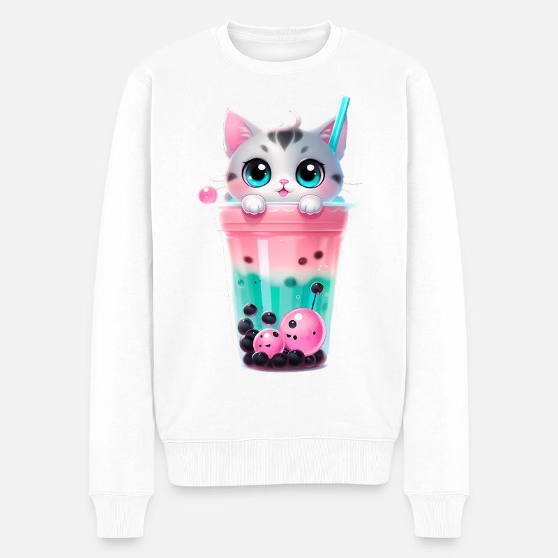 Chaton Bubble Tea Pastel - Pull Premium bio Homme - blanc