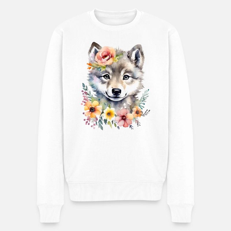 Wolf Wolfsjunges niedlich Wolfsbaby süß Aquarell - Männer Premium Bio Pullover - Weiß
