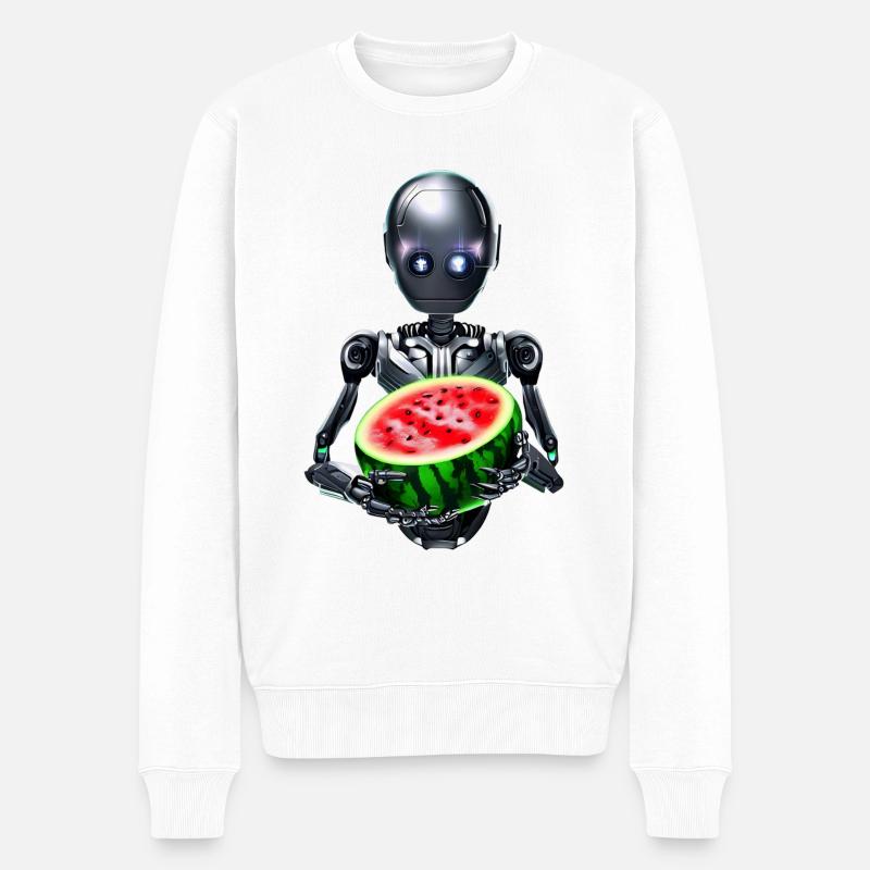 Roboter und Wassermelone - Männer Premium Bio Pullover - Weiß