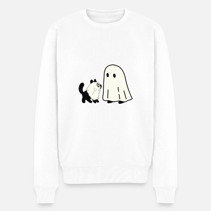 Geist und Katze im Halloween-Stil - Männer Premium Bio Pullover - Weiß