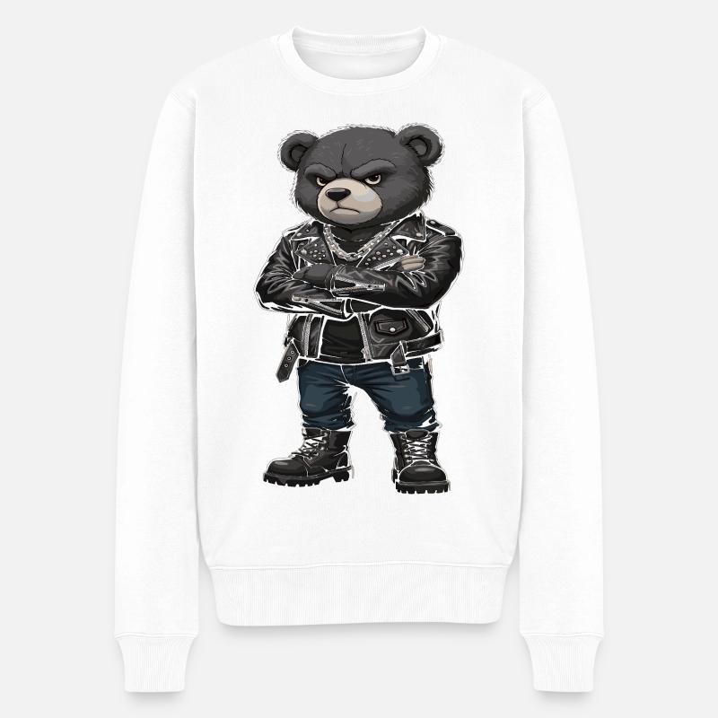 Rocker Bear, veste en cuir Biker - Pull Premium bio Homme - blanc