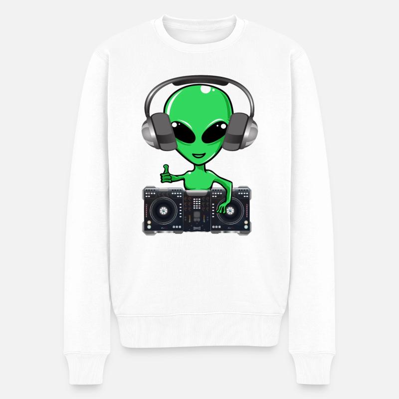 Lustiger grüner DJ Alien - Männer Premium Bio Pullover - Weiß