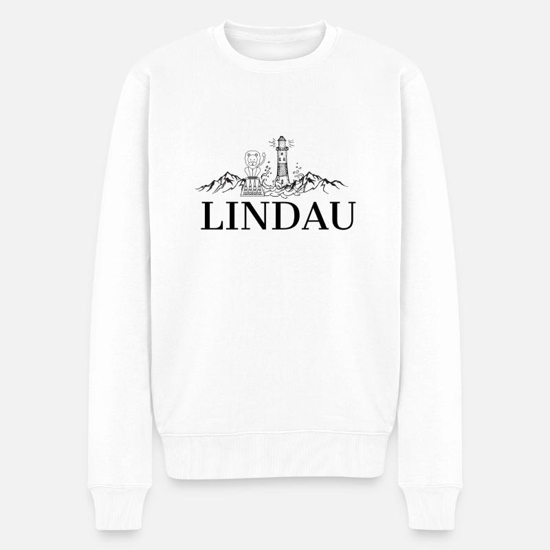 Lindau am Bodensee mit Leuchtturm, Löwe und Bergen - Männer Premium Bio Pullover - Weiß