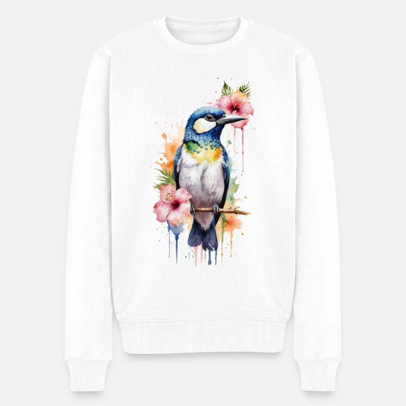 Aquarell-Symphonie: Vogel zwischen Blüten - Männer Premium Bio Pullover - Weiß