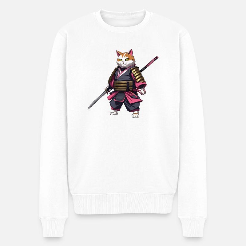 Samurai Cat & Cherry Blossoms #3 - Men's Premium Organic Jumper - white