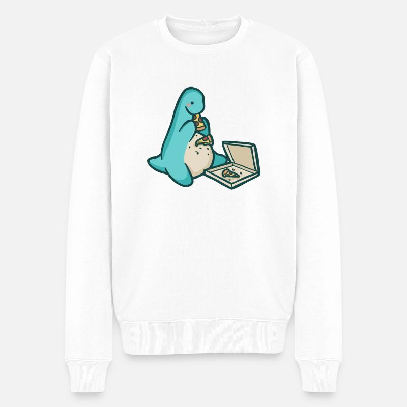 hugadino Dino mit Pizza, süßer Dinosaurier - Männer Premium Bio Pullover - Weiß