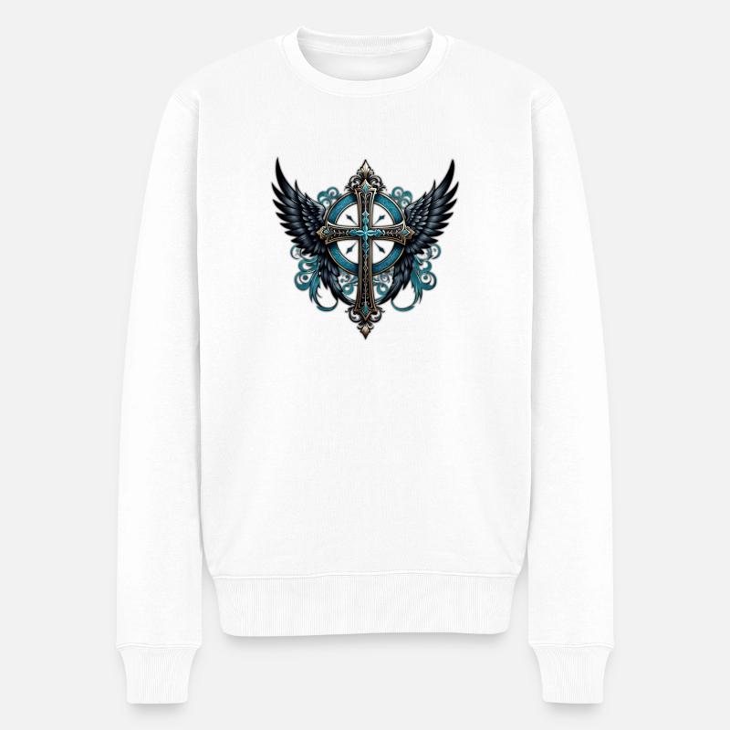 Croix ornée d’ailes. - Pull Premium bio Homme - blanc