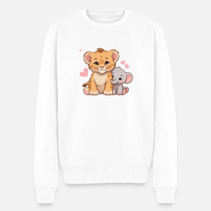 Bébé lion et bébé éléphant – Motif de l’amitié douce - Pull Premium bio Homme - blanc