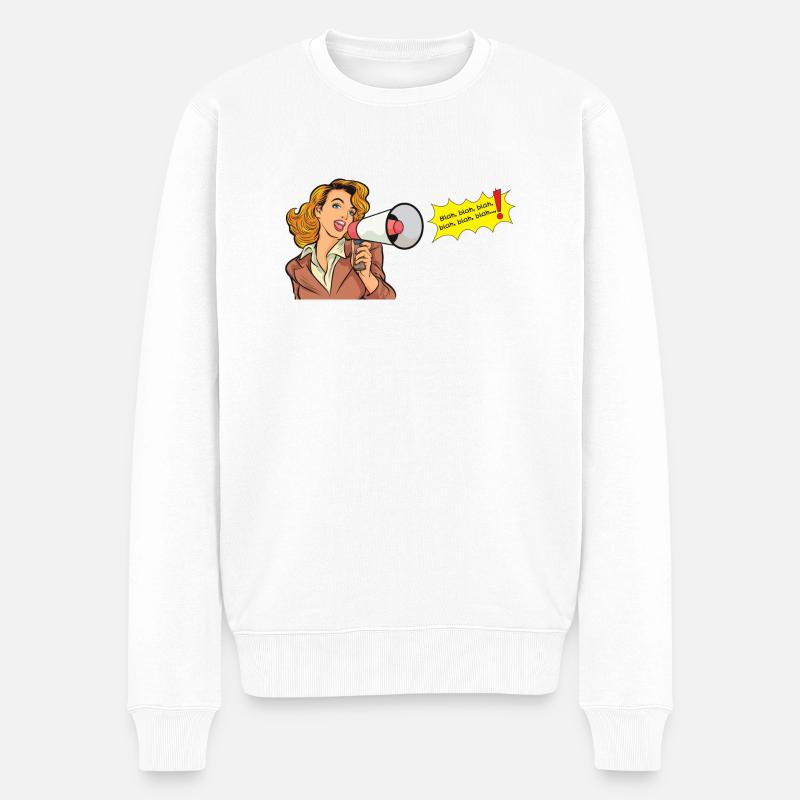 Blonde Frau mit Megaphon ruft blah, blah - Männer Premium Bio Pullover - Weiß